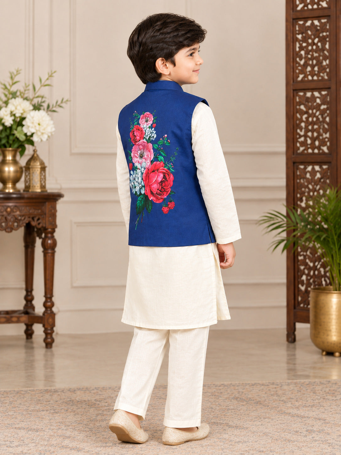 Bittu By Bhama Boys off White Kurta Pajama With A Blue Printed Jacket