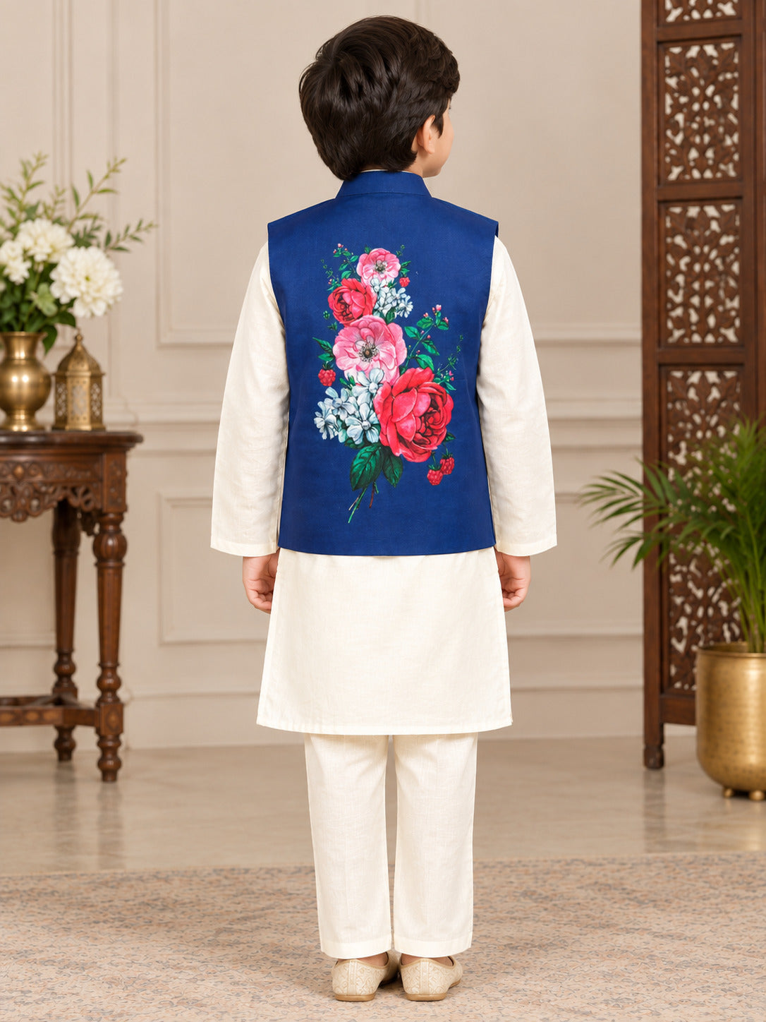 Bittu By Bhama Boys off White Kurta Pajama With A Blue Printed Jacket
