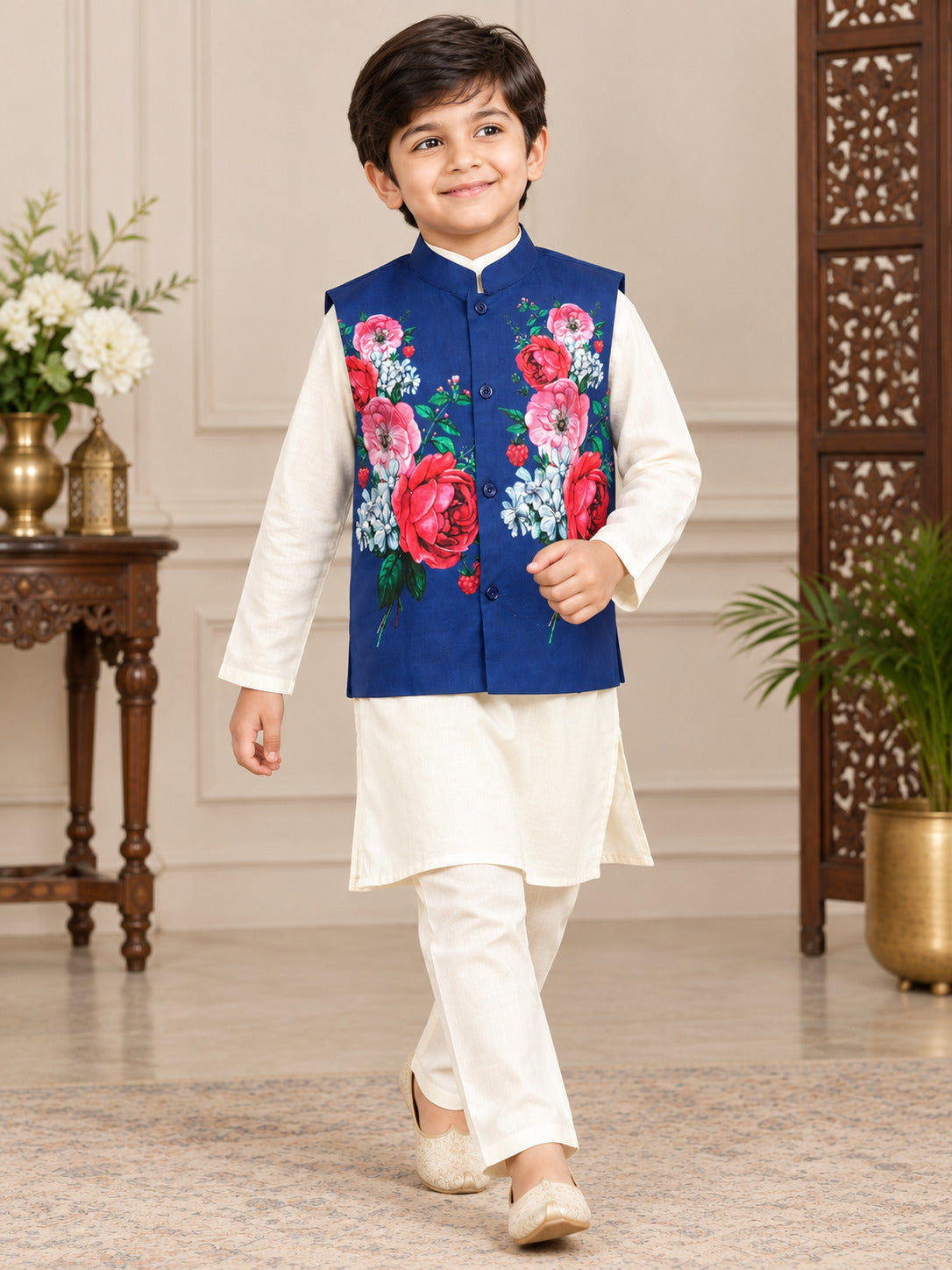 Bittu By Bhama Boys off White Kurta Pajama With A Blue Printed Jacket