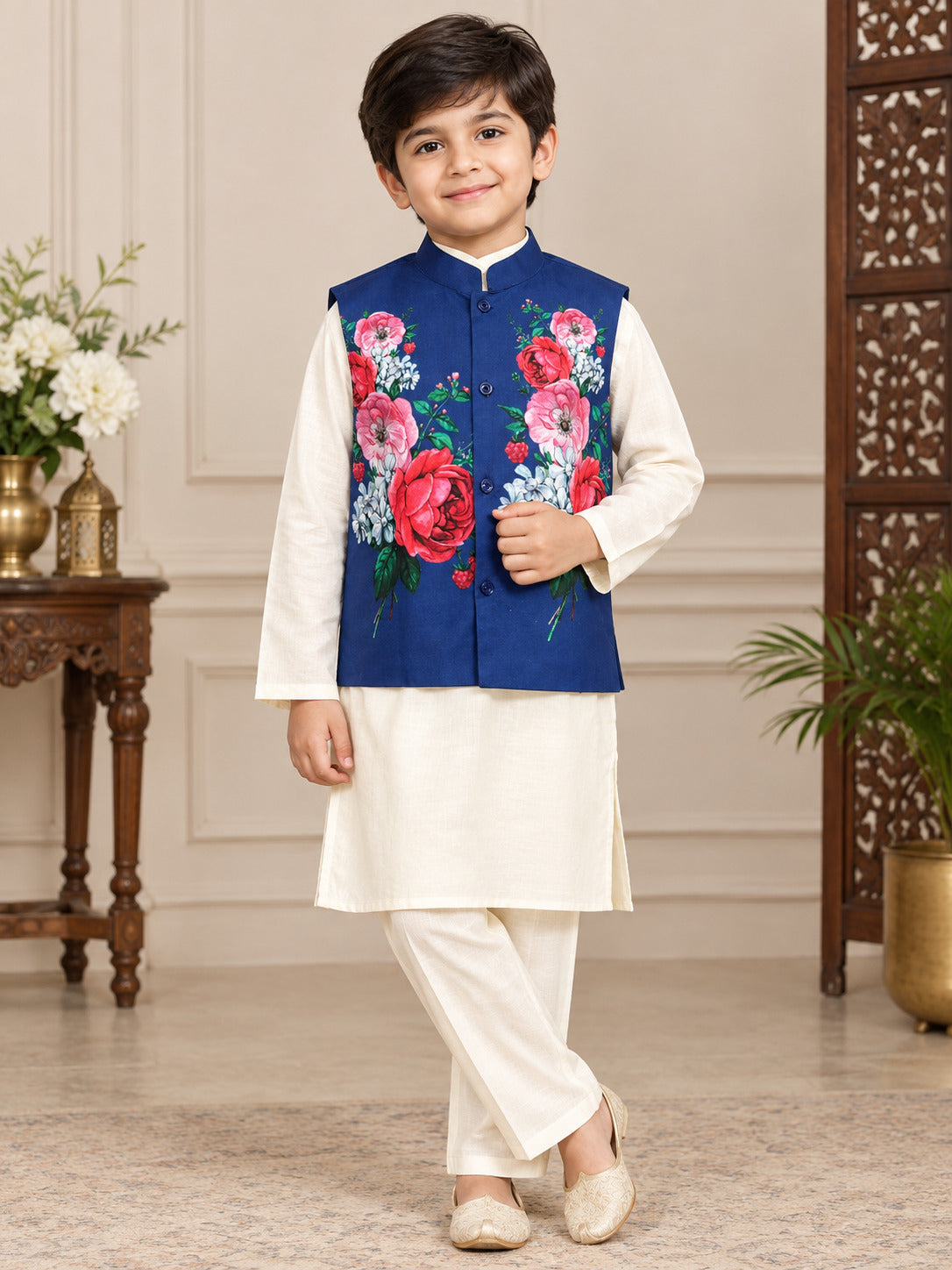 Bittu By Bhama Boys off White Kurta Pajama With A Blue Printed Jacket