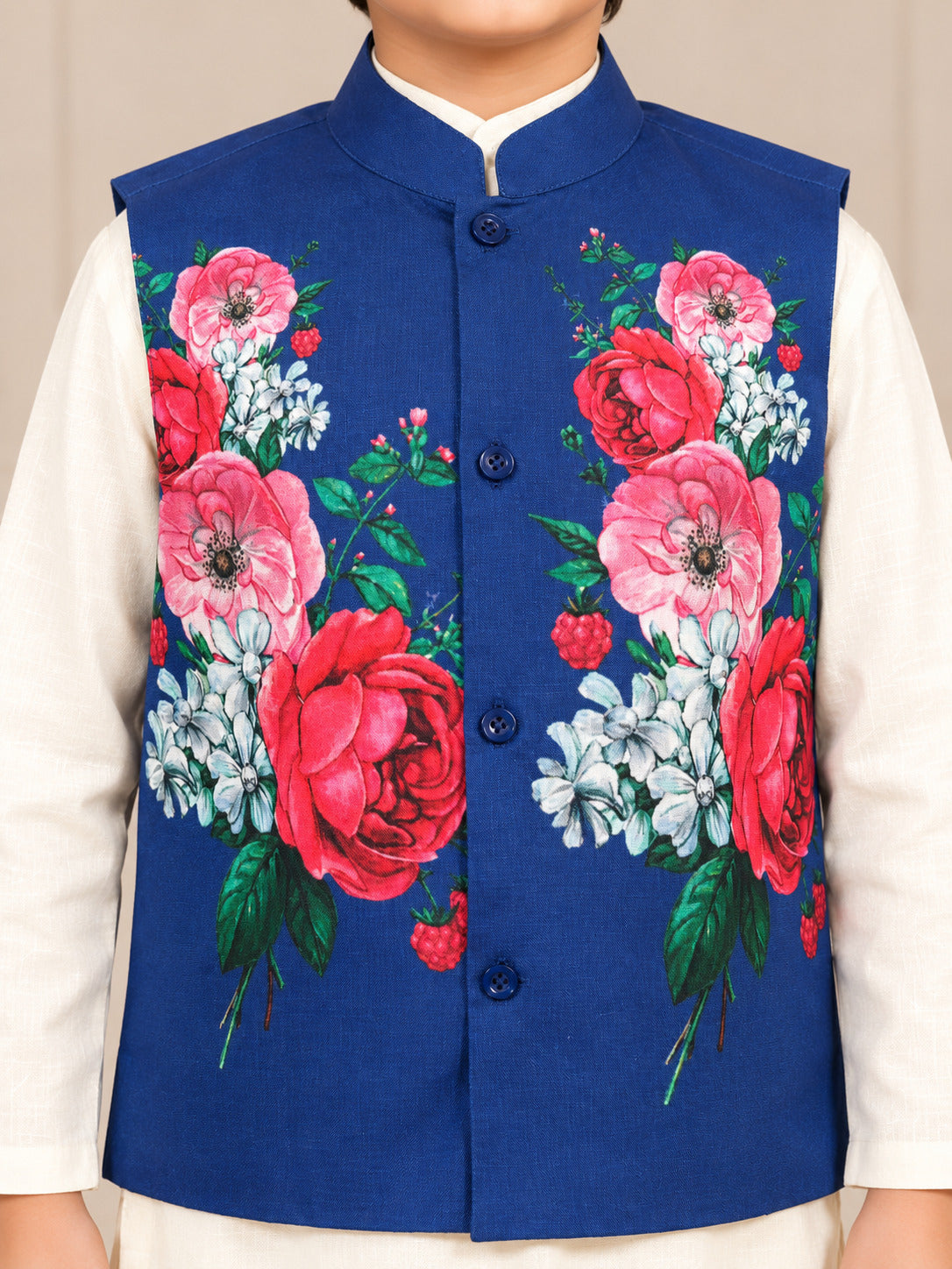 Bittu By Bhama Boys off White Kurta Pajama With A Blue Printed Jacket