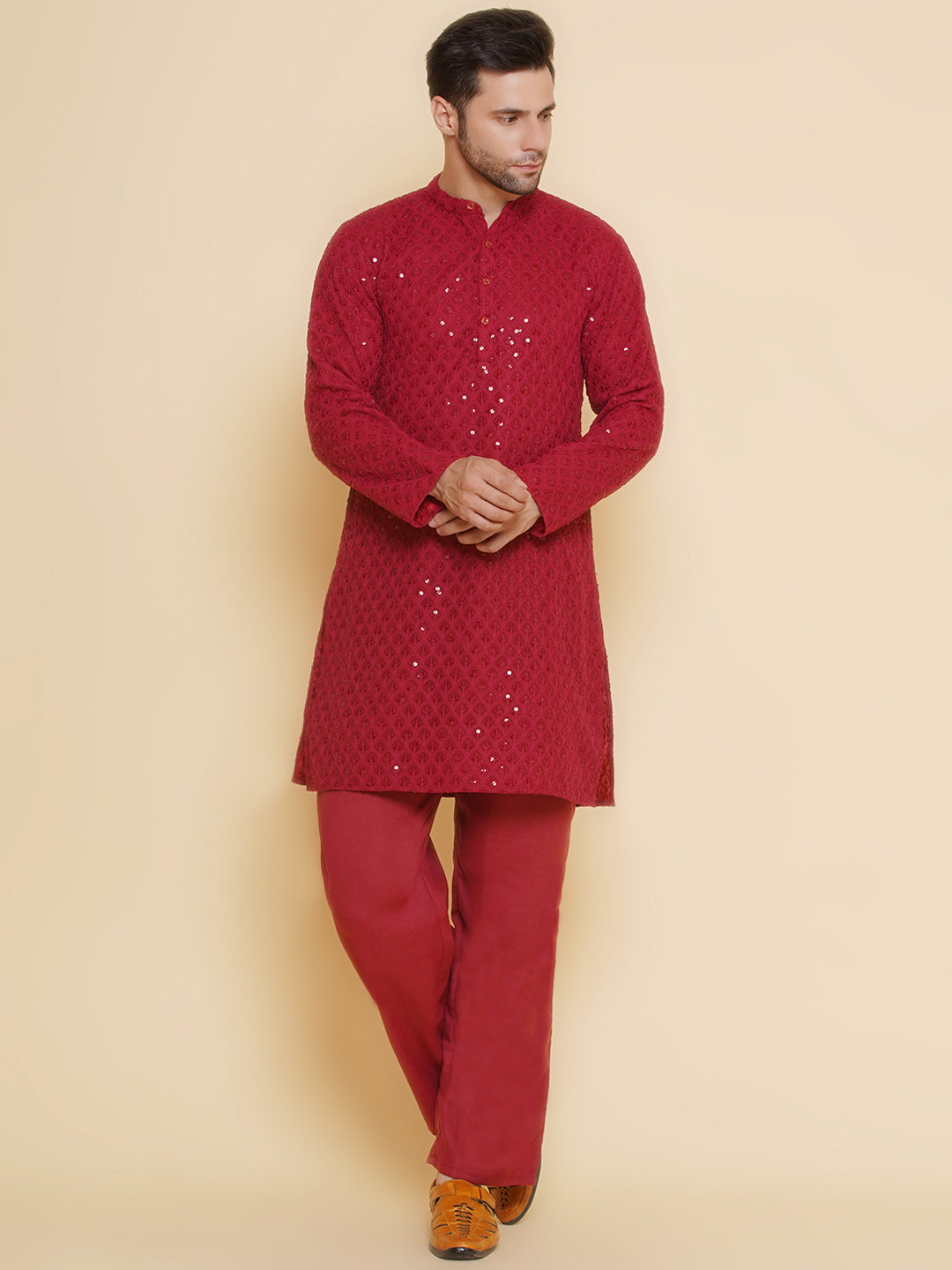 Baawara By Bhama Men Maroon Sequence Embroidery Festive Kurta Pyjamas