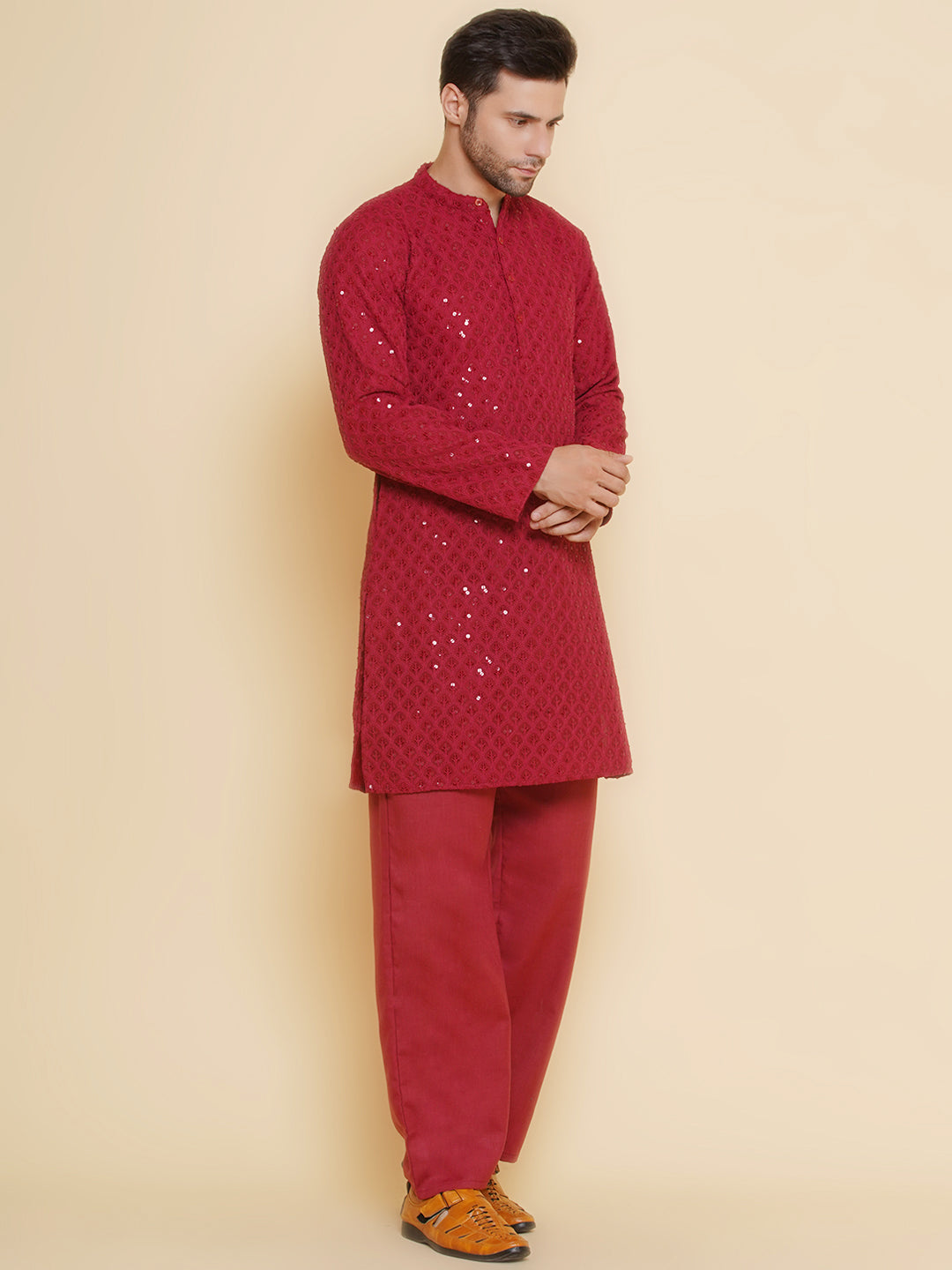 Baawara By Bhama Men Maroon Sequence Embroidery Festive Kurta Pyjamas