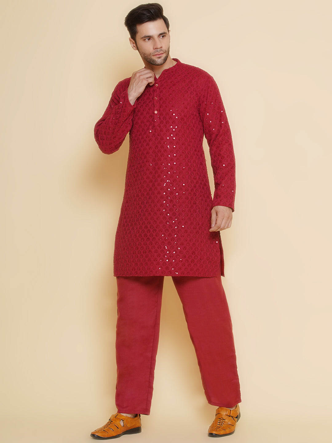 Baawara By Bhama Men Maroon Sequence Embroidery Festive Kurta Pyjamas