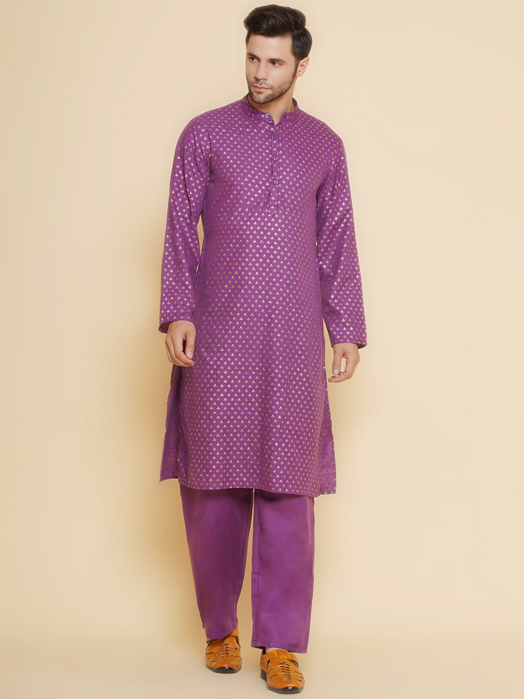 Baawara By Bhama Men Purple ethnic motifs Foil Printed Festive Kurta Pyjamas