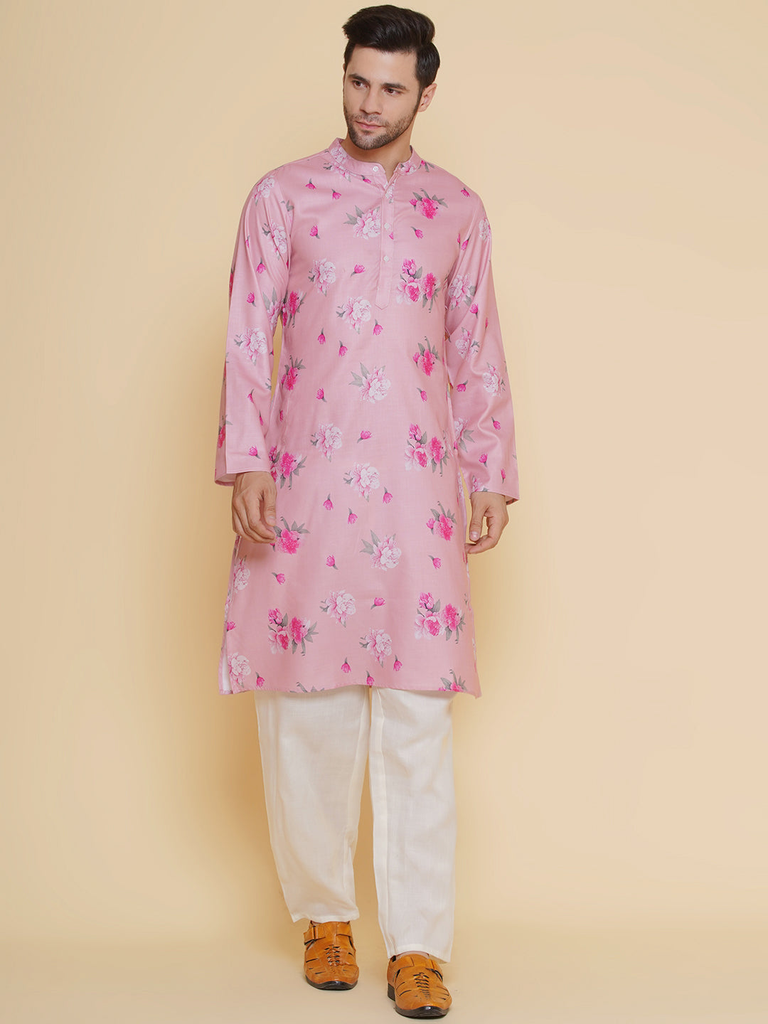 Baawara By Bhama Men Light Pink Floral Printed Festive Kurta Pyjamas