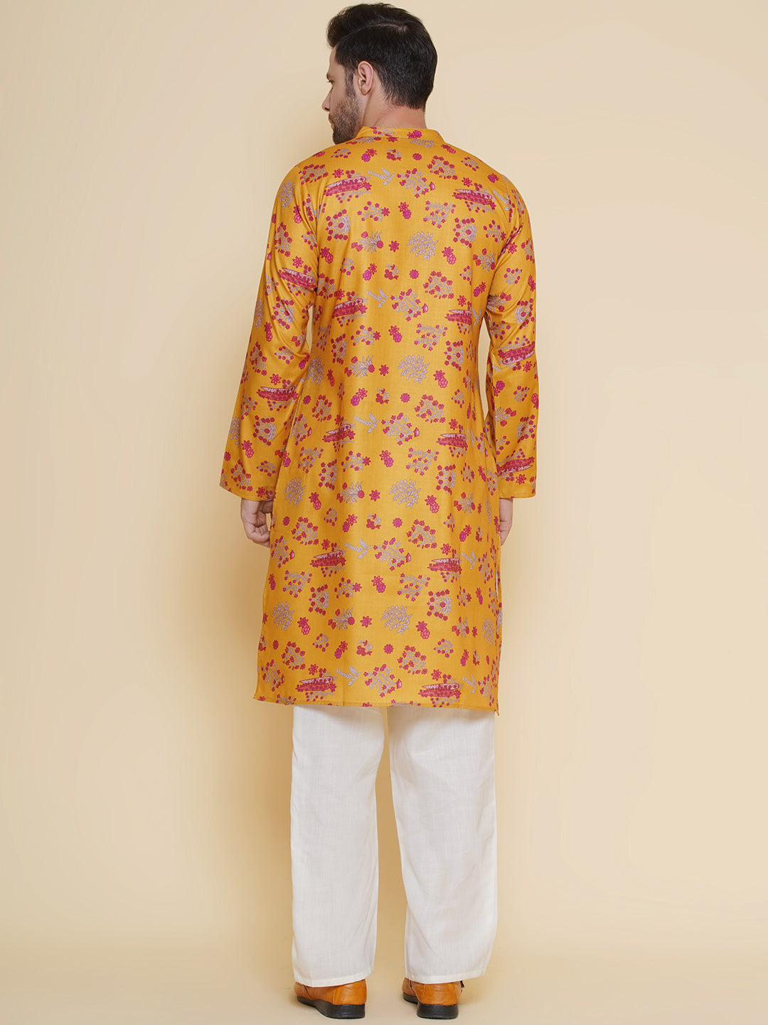 Baawara By Bhama Men Mustard Floral Printed Festive Kurta Pyjamas