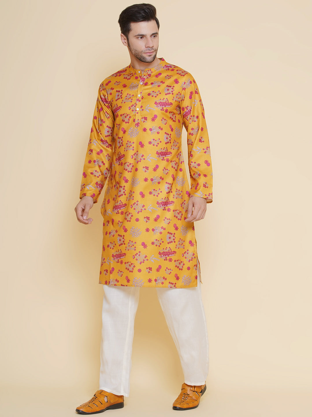Baawara By Bhama Men Mustard Floral Printed Festive Kurta Pyjamas