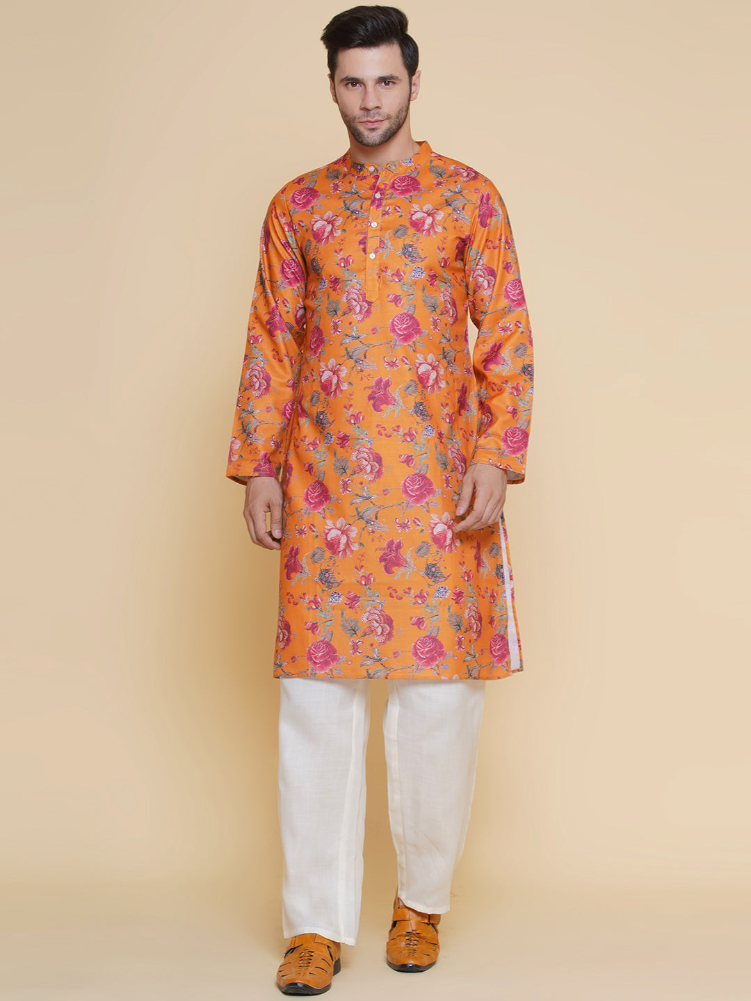 Baawara By Bhama Men Mustard Floral Printed Festive Kurta Pyjamas