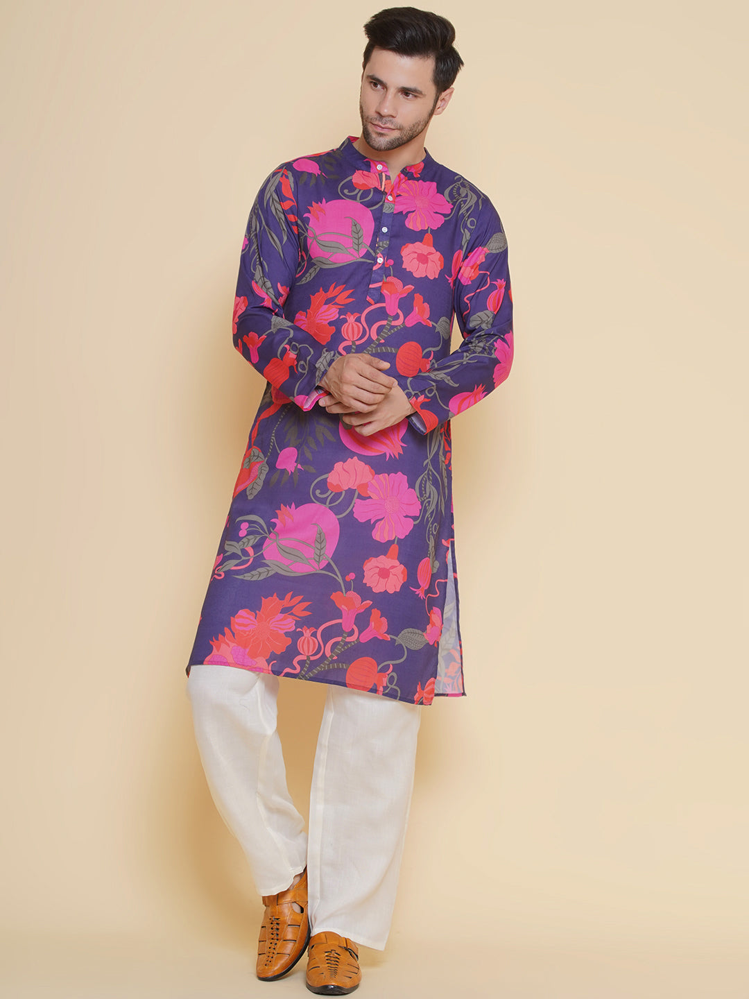 Baawara By Bhama Men Purple & Pink Digital Floral Print Festive Kurta Pyjamas