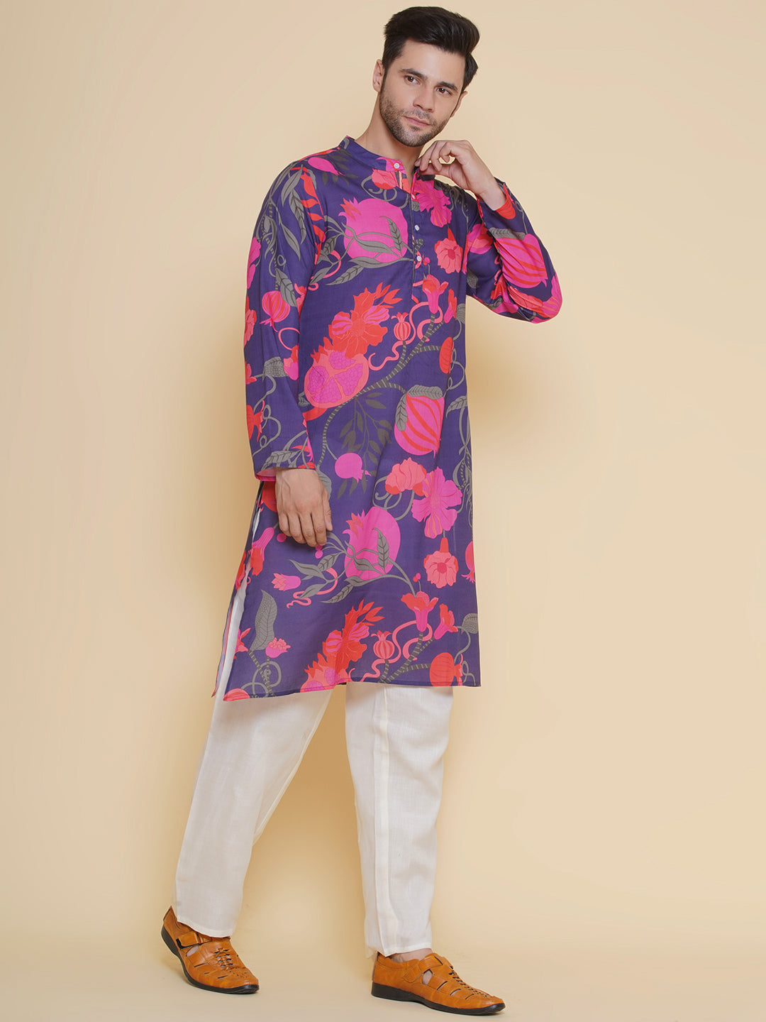 Baawara By Bhama Men Purple & Pink Digital Floral Print Festive Kurta Pyjamas