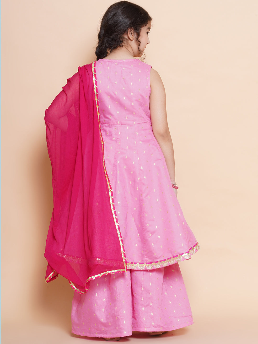 Bitiya by Bhama Girls Pink Ethnic motifs woven design Kurta With Sharara dupatta