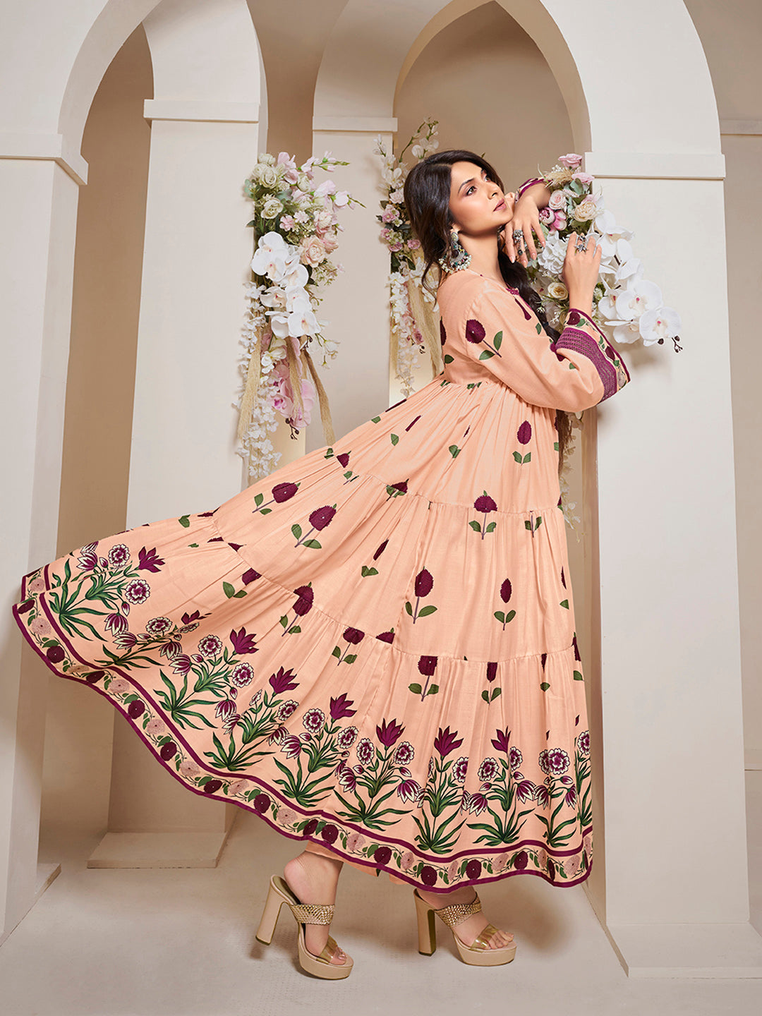 Bhama Couture Jennifer Winget Peach Floral Printed Flared Tier Anarkali Kurta with Palazzos Dupatta.