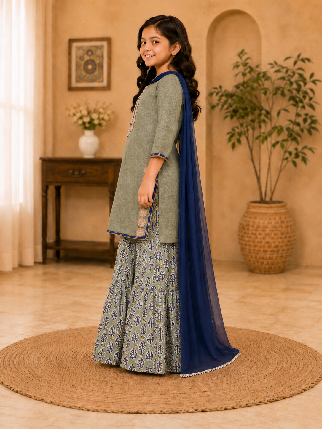Bitiya by Bhama Girls Pista Green Kurta With Printed Sharara & Blue Dupatta