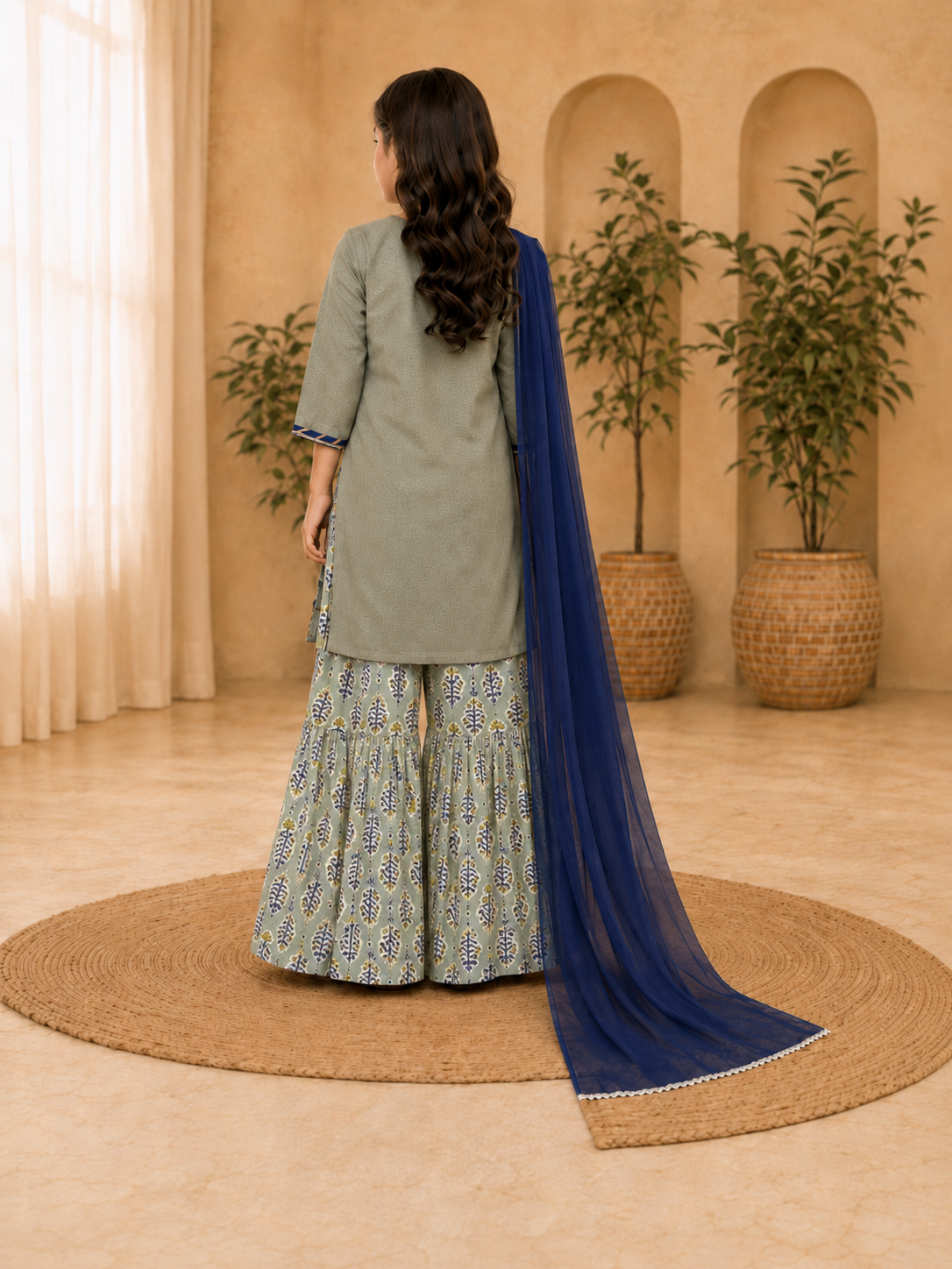 Bitiya by Bhama Girls Pista Green Kurta With Printed Sharara & Blue Dupatta