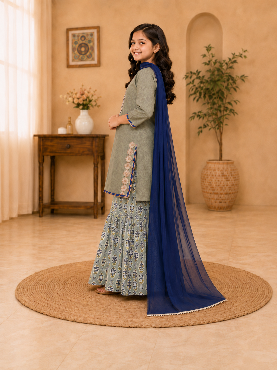 Bitiya by Bhama Girls Pista Green Kurta With Printed Sharara & Blue Dupatta