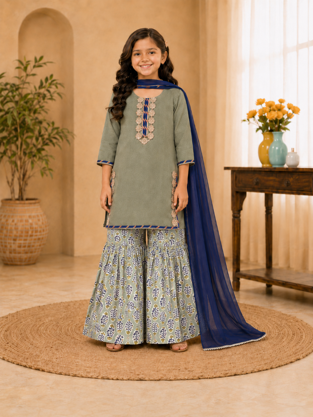 Bitiya by Bhama Girls Pista Green Kurta With Printed Sharara & Blue Dupatta