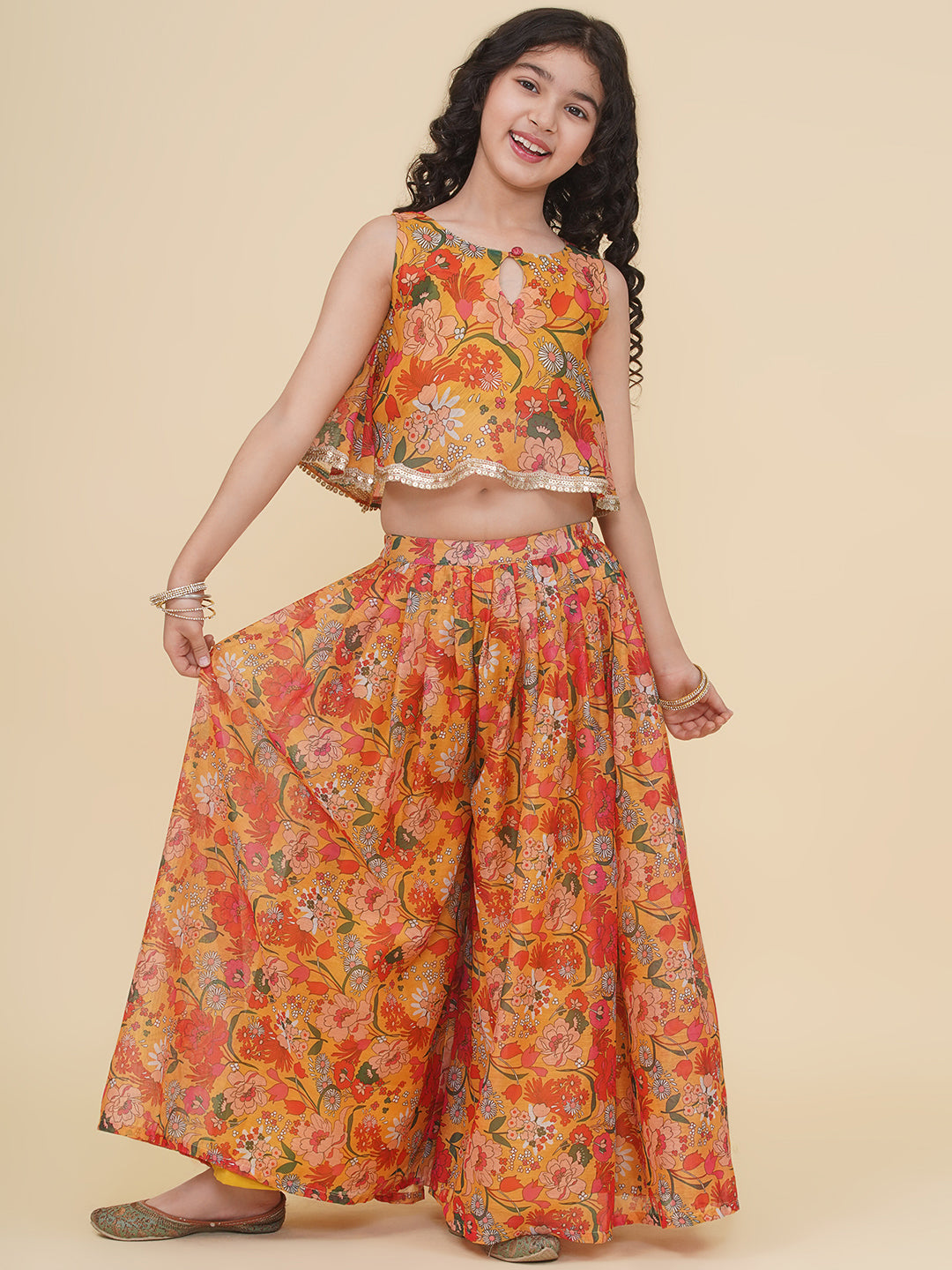 Bitiya by Bhama Girls Yellow Floral Printed Crop Top With Palazzo
