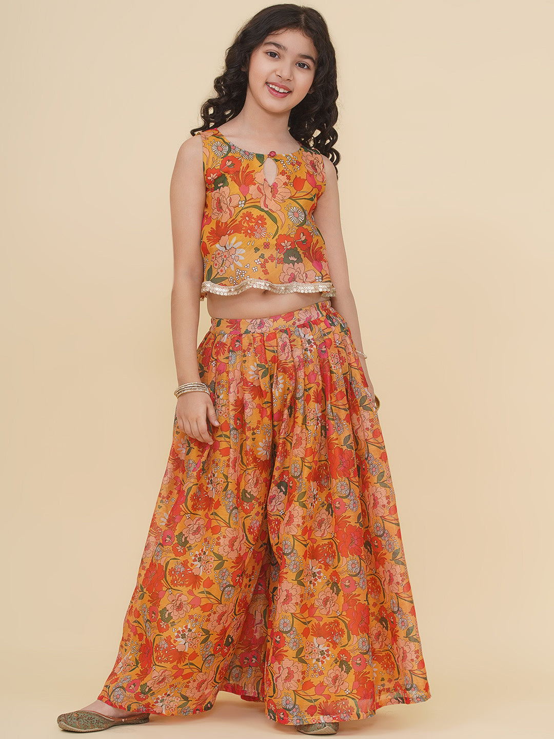Bitiya by Bhama Girls Yellow Floral Printed Crop Top With Palazzo
