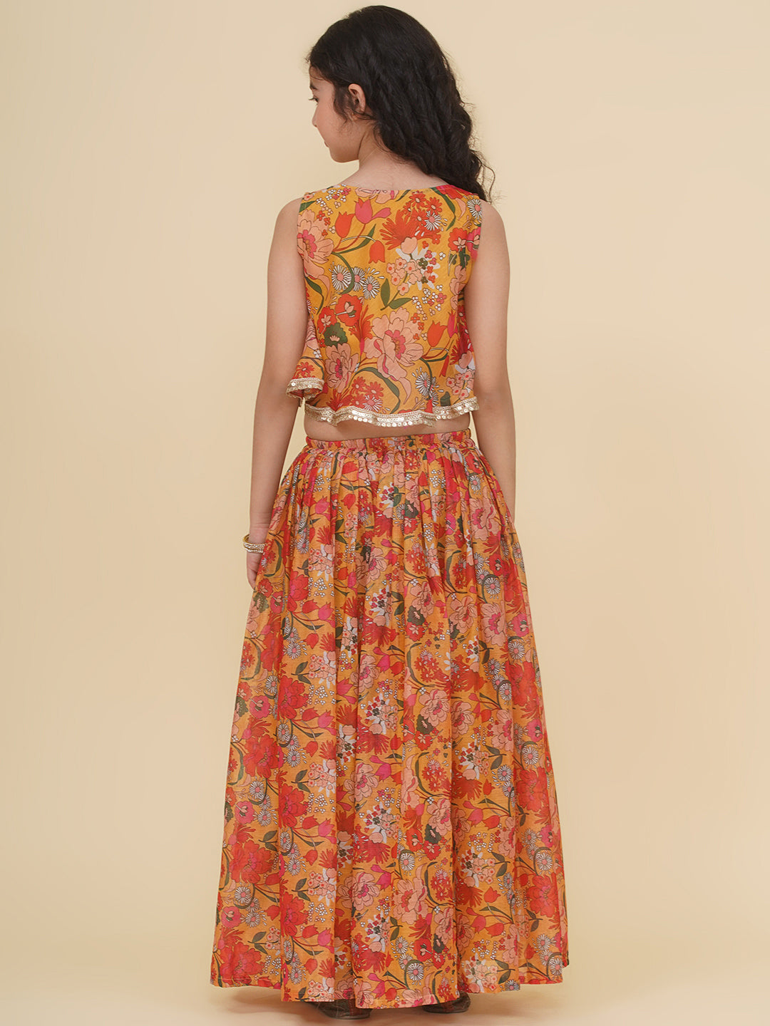 Bitiya by Bhama Girls Yellow Floral Printed Crop Top With Palazzo