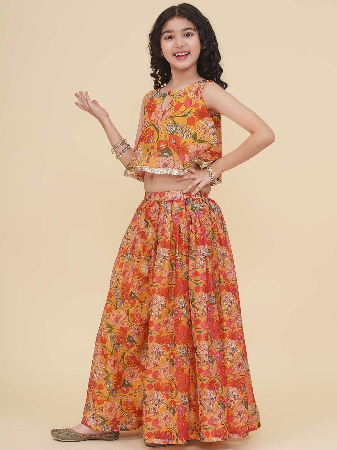 Bitiya by Bhama Girls Yellow Floral Printed Crop Top With Palazzo