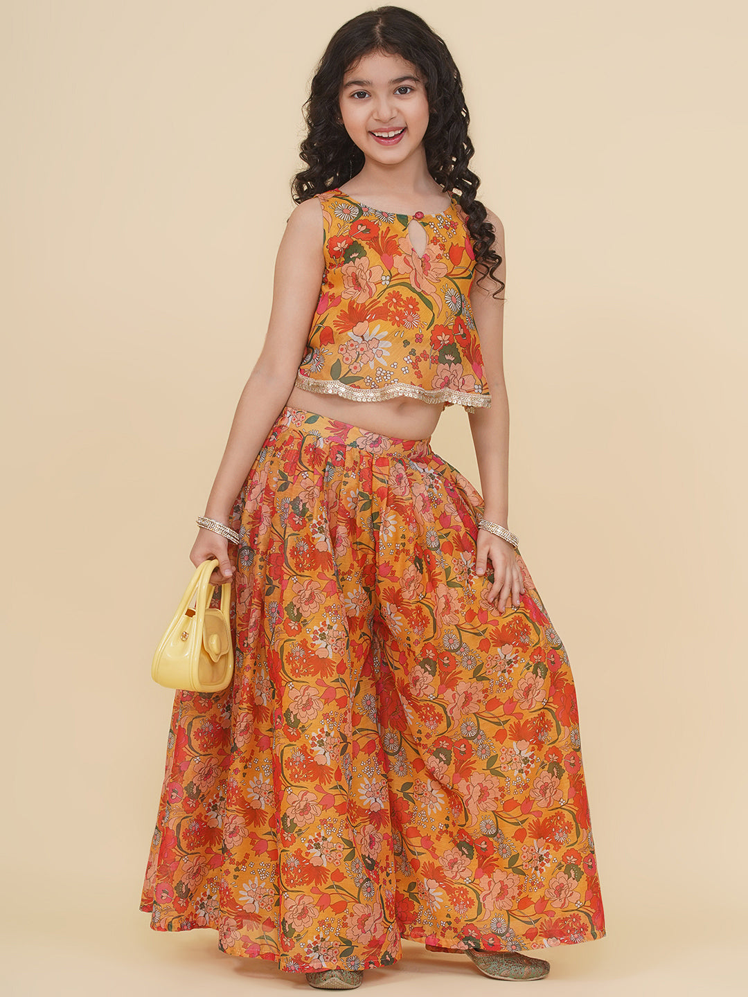 Bitiya by Bhama Girls Yellow Floral Printed Crop Top With Palazzo