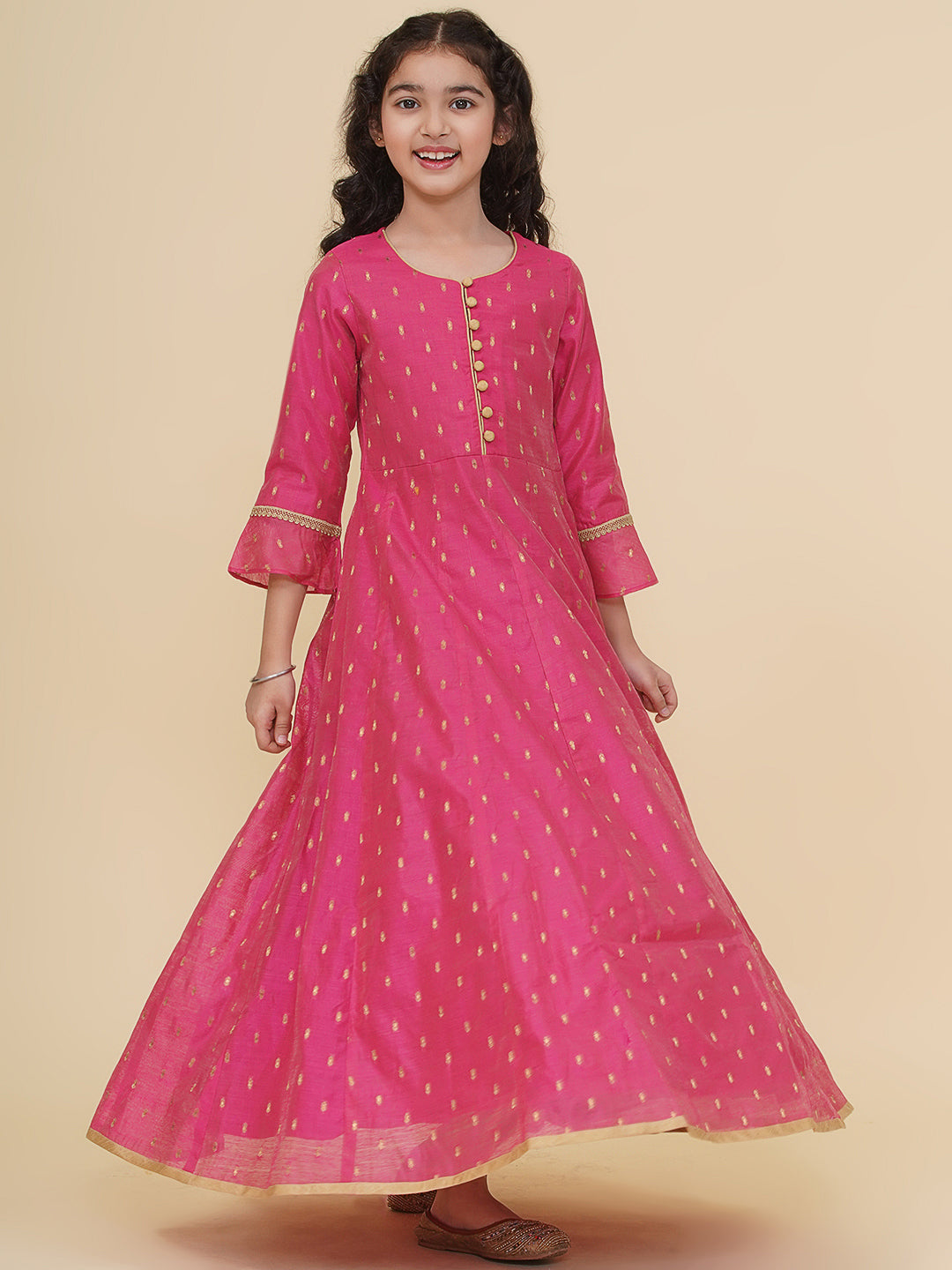 Bitiya by Bhama Girls Pink Woven Design Maxi Flared Dress.