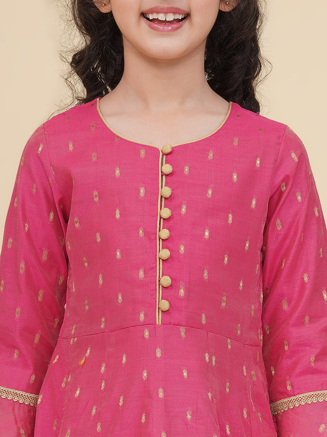 Bitiya by Bhama Girls Pink Woven Design Maxi Flared Dress.