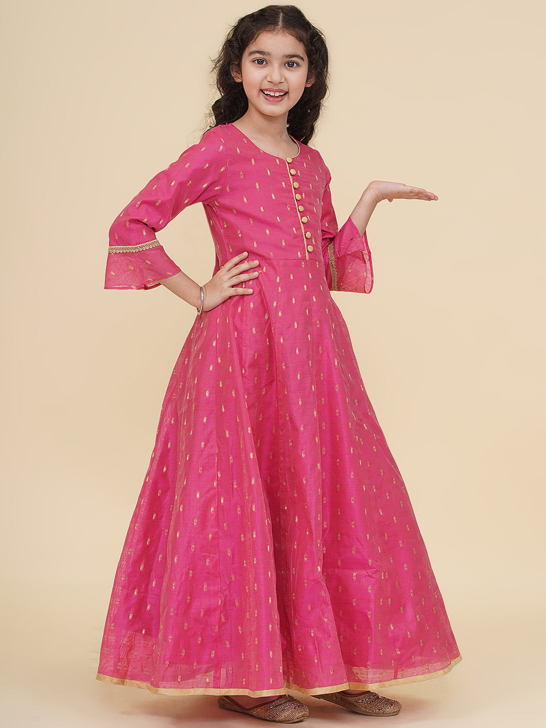 Bitiya by Bhama Girls Pink Woven Design Maxi Flared Dress.