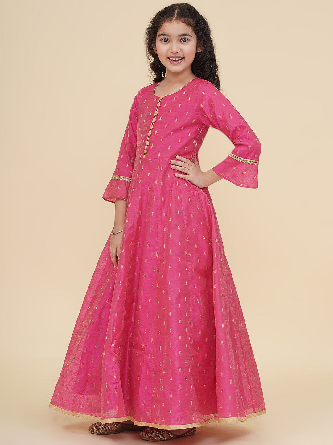 Bitiya by Bhama Girls Pink Woven Design Maxi Flared Dress.
