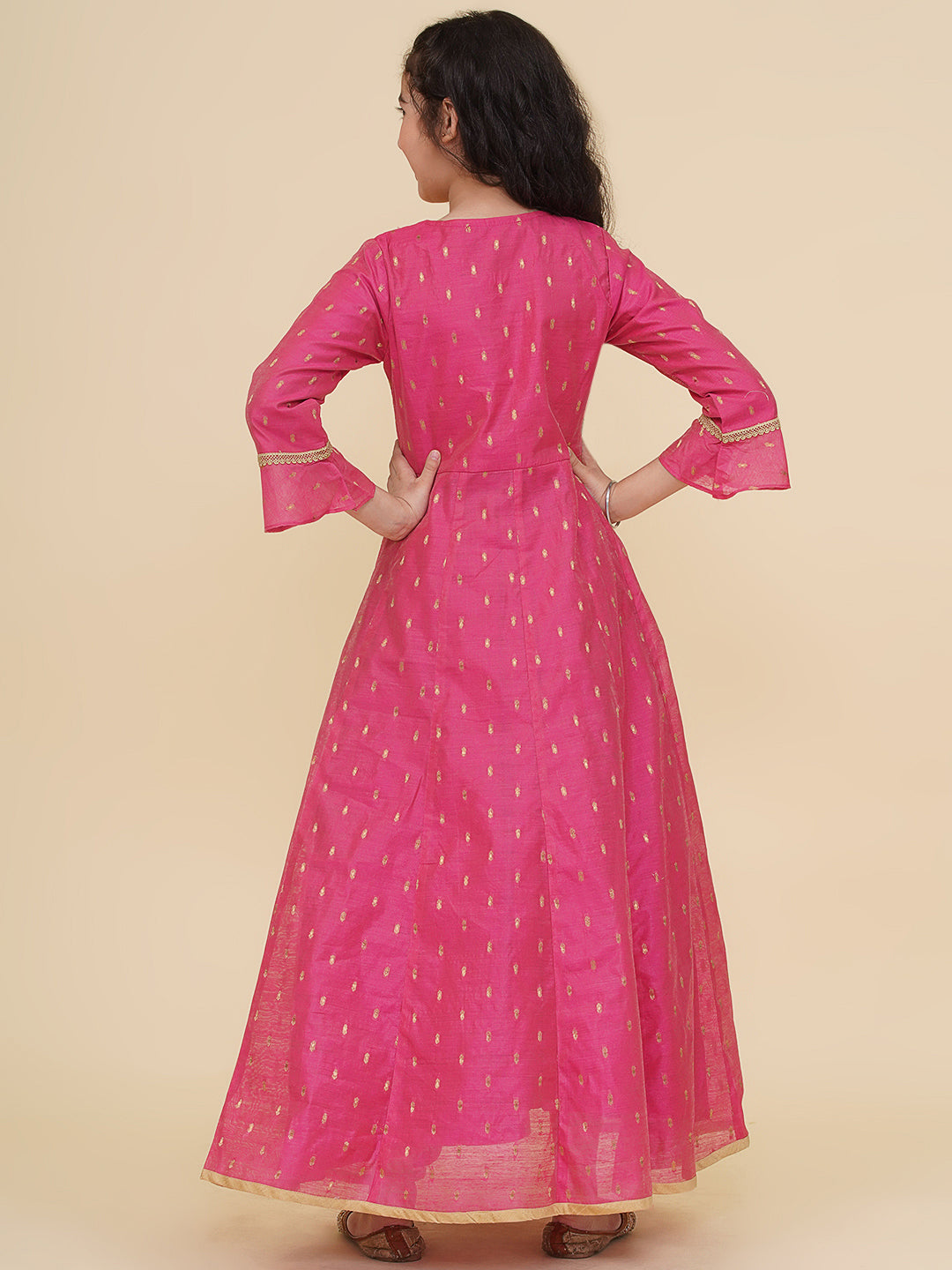 Bitiya by Bhama Girls Pink Woven Design Maxi Flared Dress.