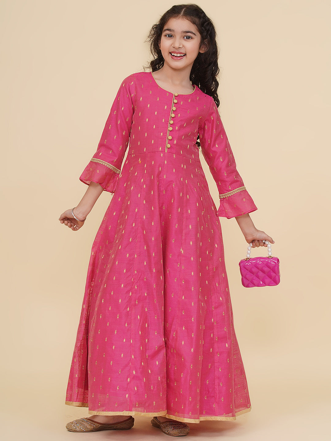 Bitiya by Bhama Girls Pink Woven Design Maxi Flared Dress.