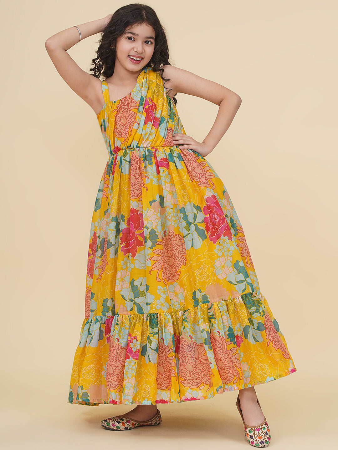 Bitiya by Bhama Girls Yellow Multi Digital Print Maxi Dress.