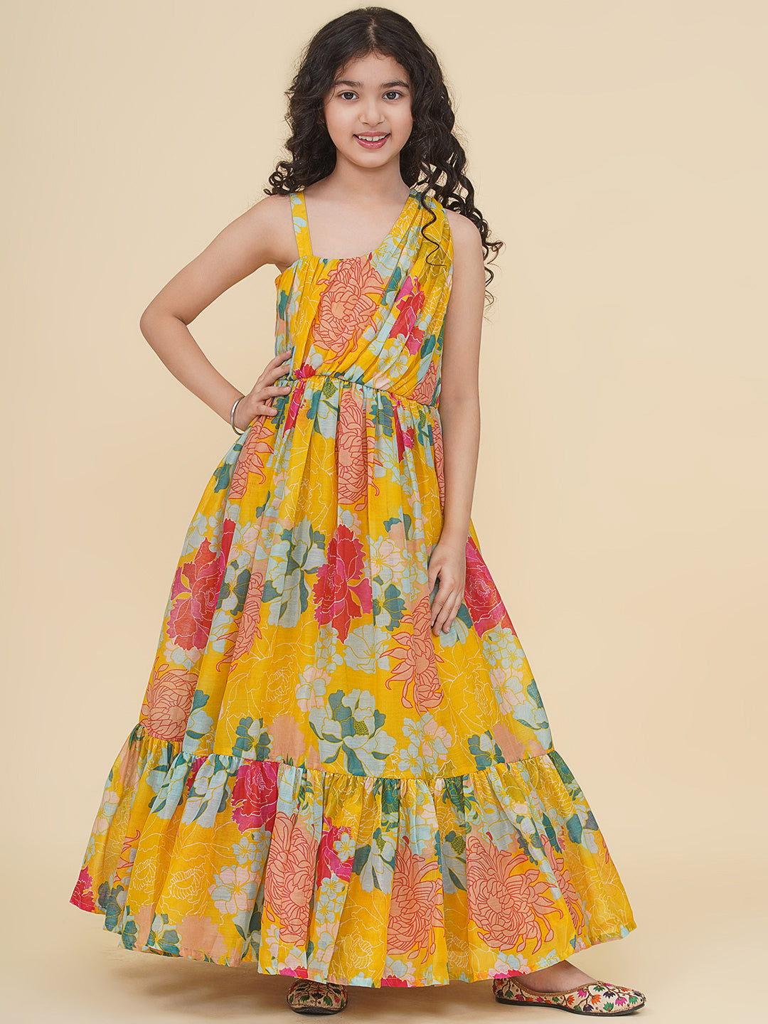 Bitiya by Bhama Girls Yellow Multi Digital Print Maxi Dress.