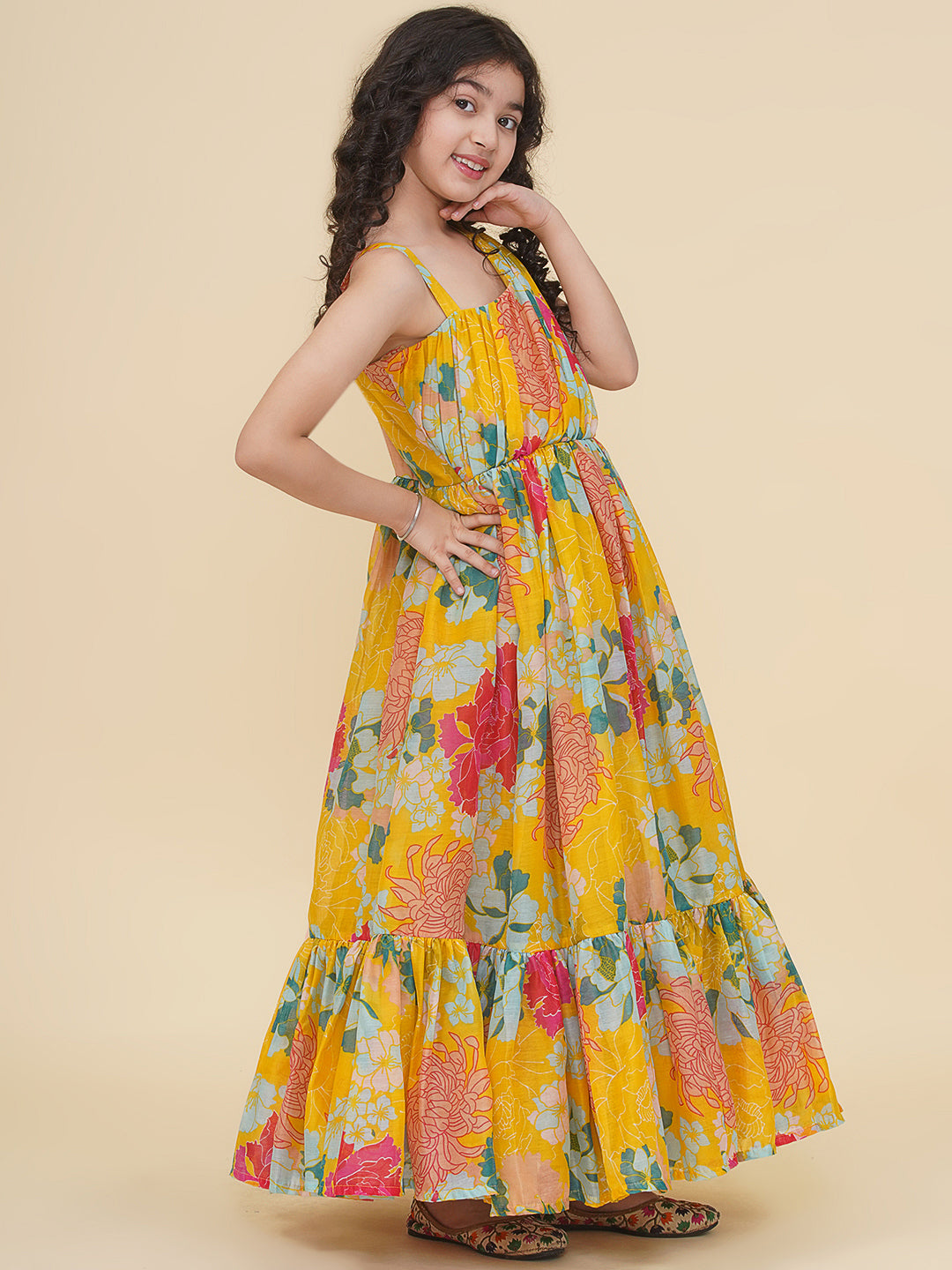 Bitiya by Bhama Girls Yellow Multi Digital Print Maxi Dress.