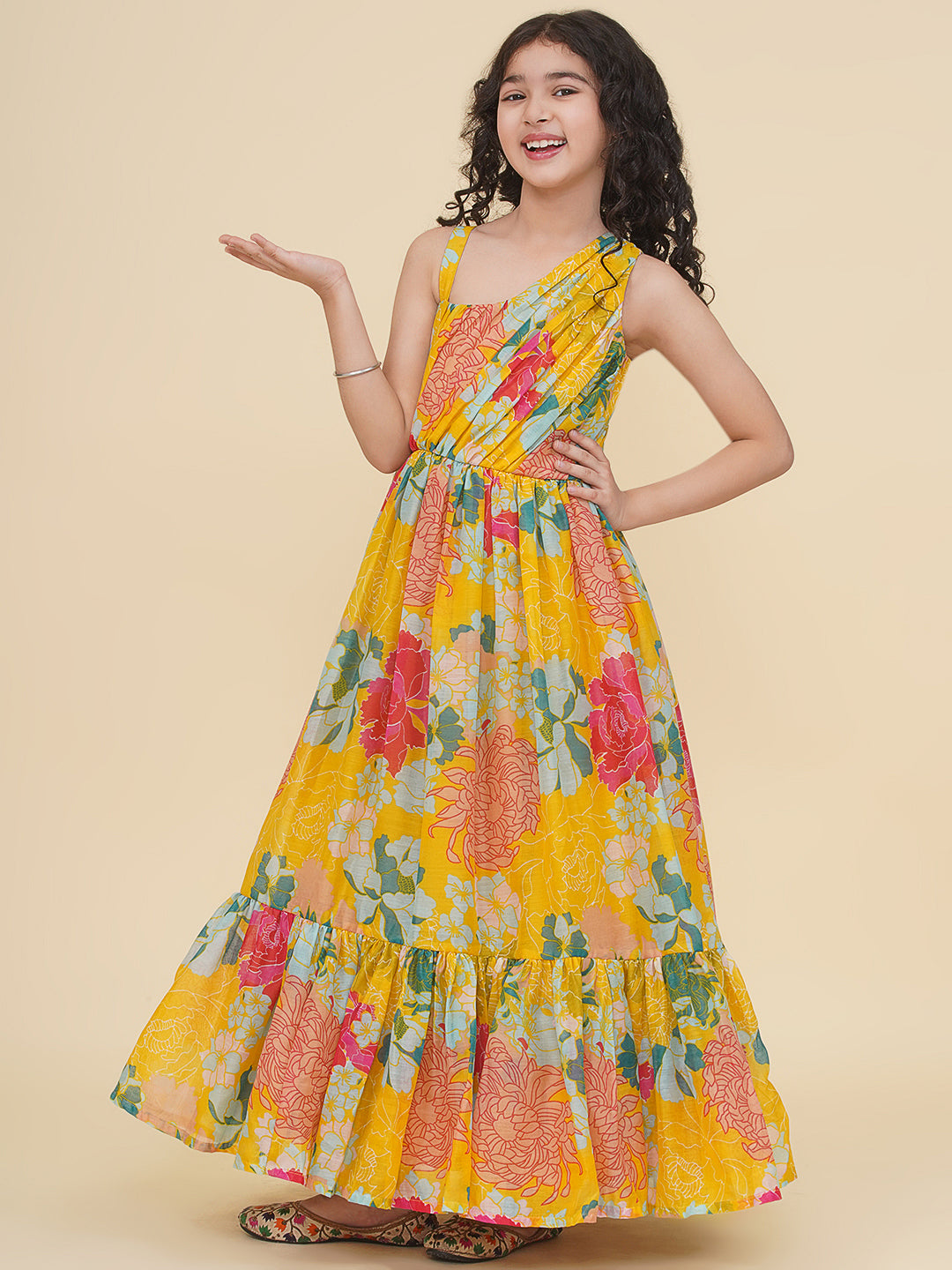 Bitiya by Bhama Girls Yellow Multi Digital Print Maxi Dress.