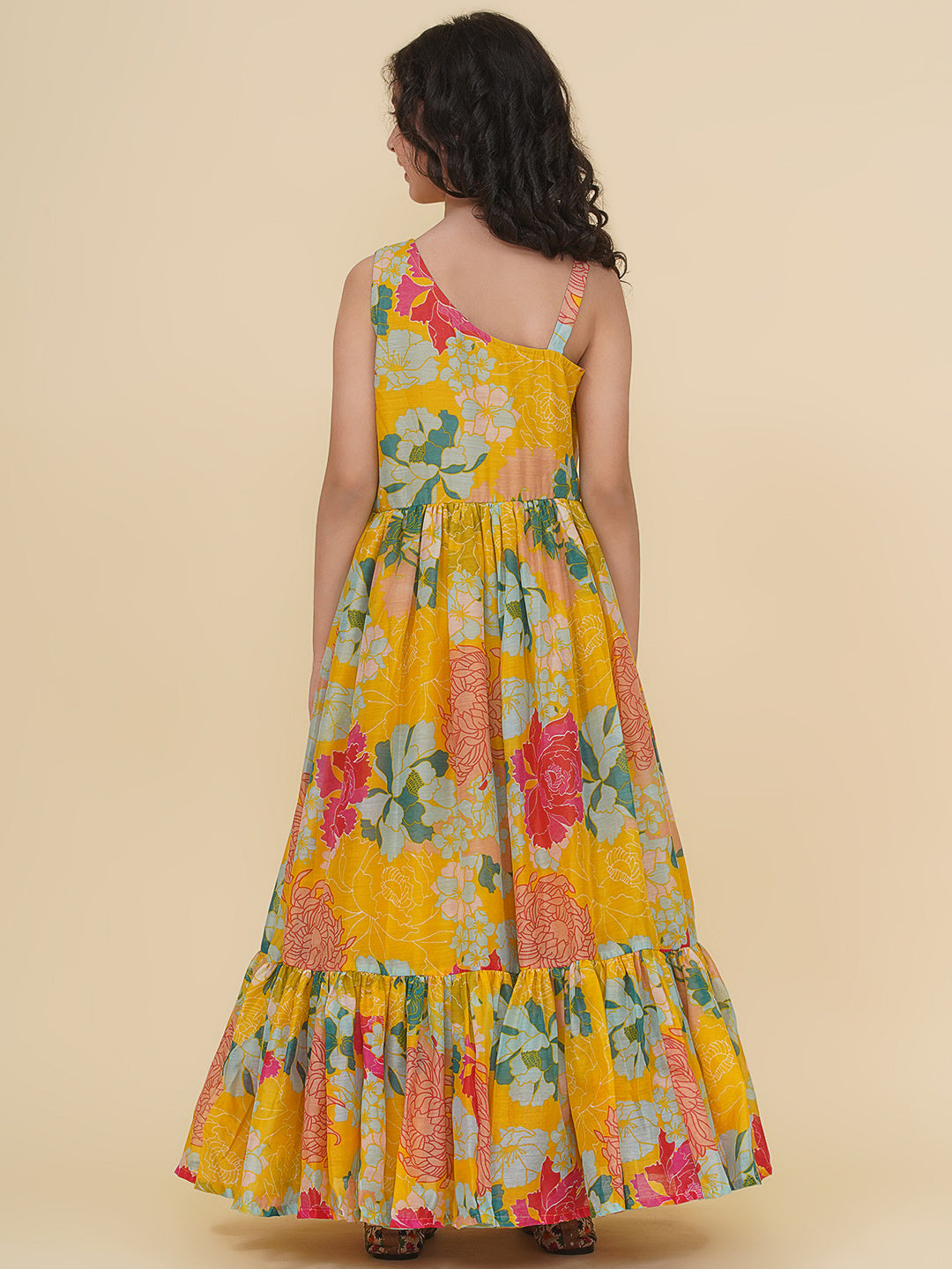 Bitiya by Bhama Girls Yellow Multi Digital Print Maxi Dress.