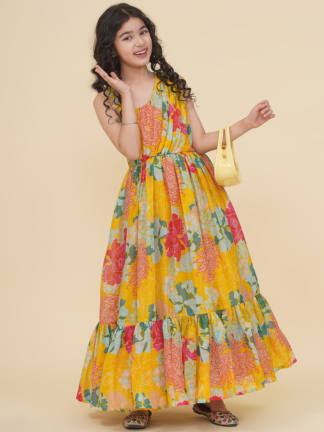 Bitiya by Bhama Girls Yellow Multi Digital Print Maxi Dress.