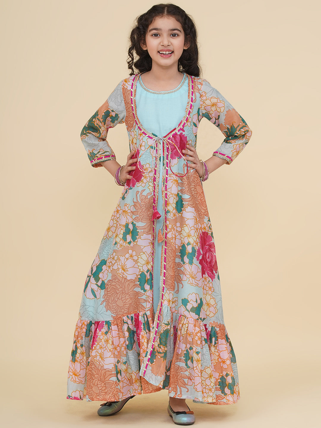 Bitiya by Bhama Girls Sea Green & Multi Digital Print Maxi Jacket Dress.