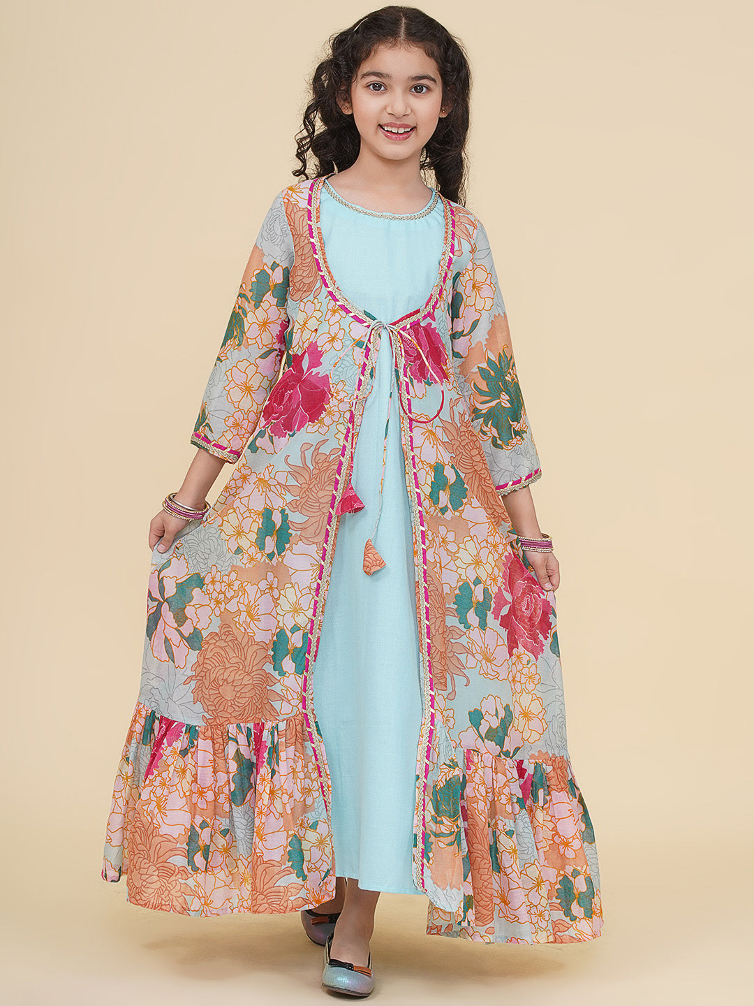Bitiya by Bhama Girls Sea Green & Multi Digital Print Maxi Jacket Dress.