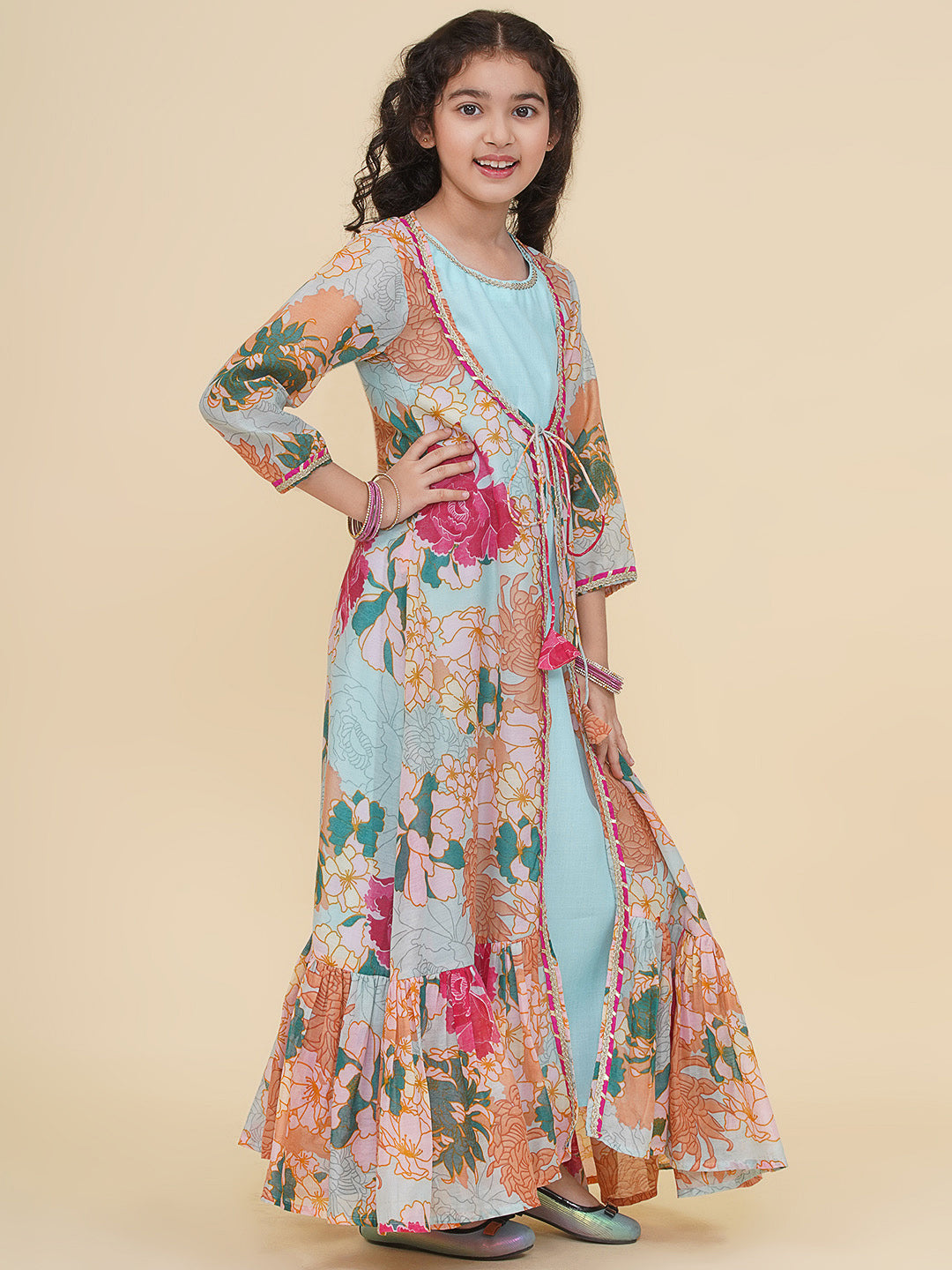 Bitiya by Bhama Girls Sea Green & Multi Digital Print Maxi Jacket Dress.