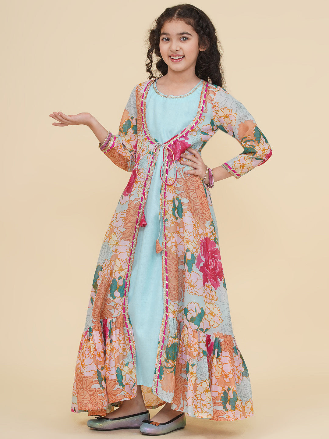 Bitiya by Bhama Girls Sea Green & Multi Digital Print Maxi Jacket Dress.