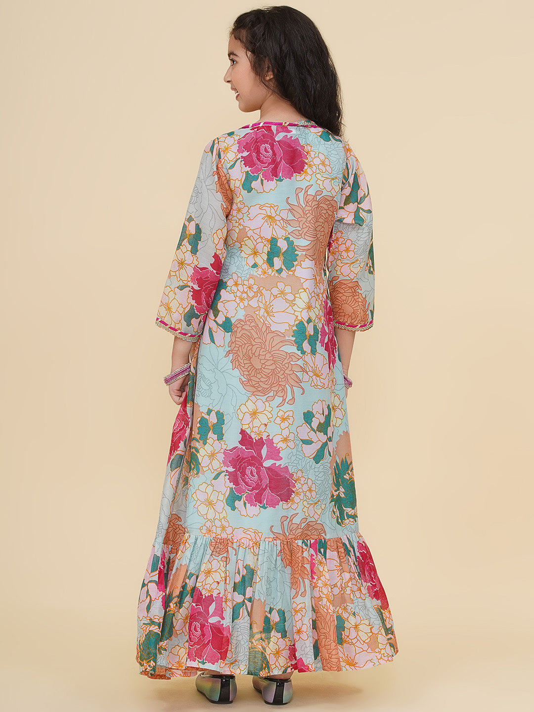 Bitiya by Bhama Girls Sea Green & Multi Digital Print Maxi Jacket Dress.