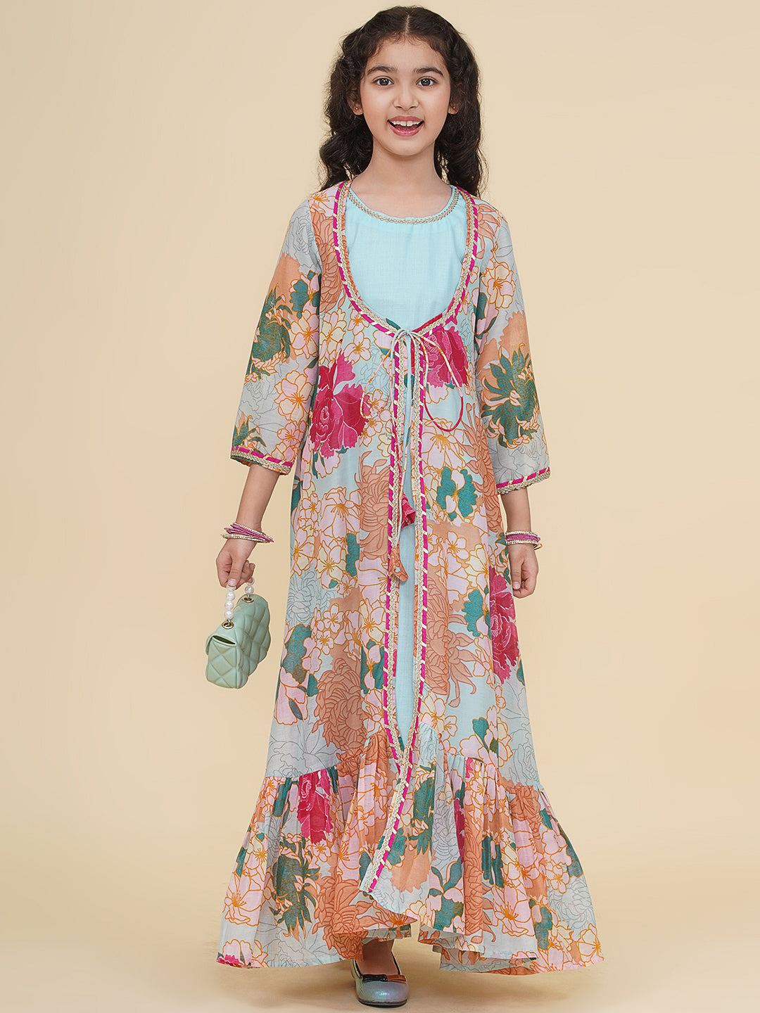 Bitiya by Bhama Girls Sea Green & Multi Digital Print Maxi Jacket Dress.