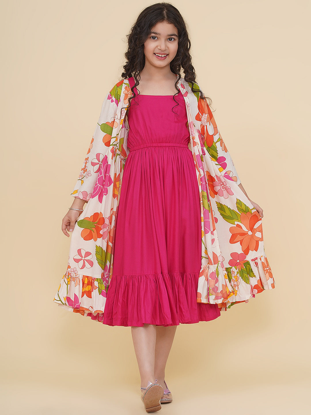 Bitiya by Bhama Girls Pink & Multi Digital Print Maxi Jacket Dress.