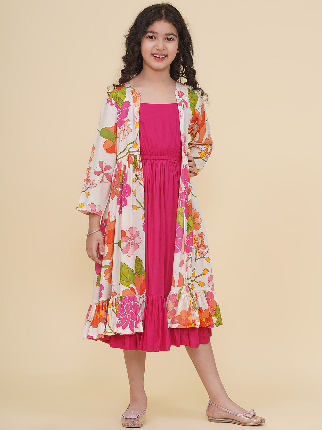 Bitiya by Bhama Girls Pink & Multi Digital Print Maxi Jacket Dress.
