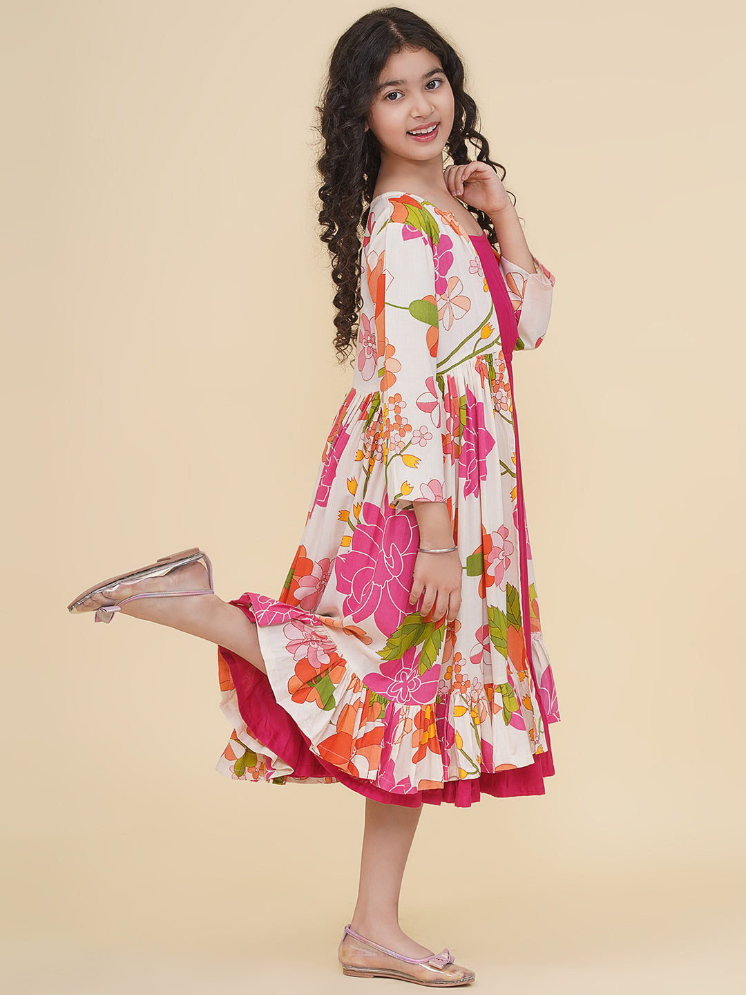 Bitiya by Bhama Girls Pink & Multi Digital Print Maxi Jacket Dress.