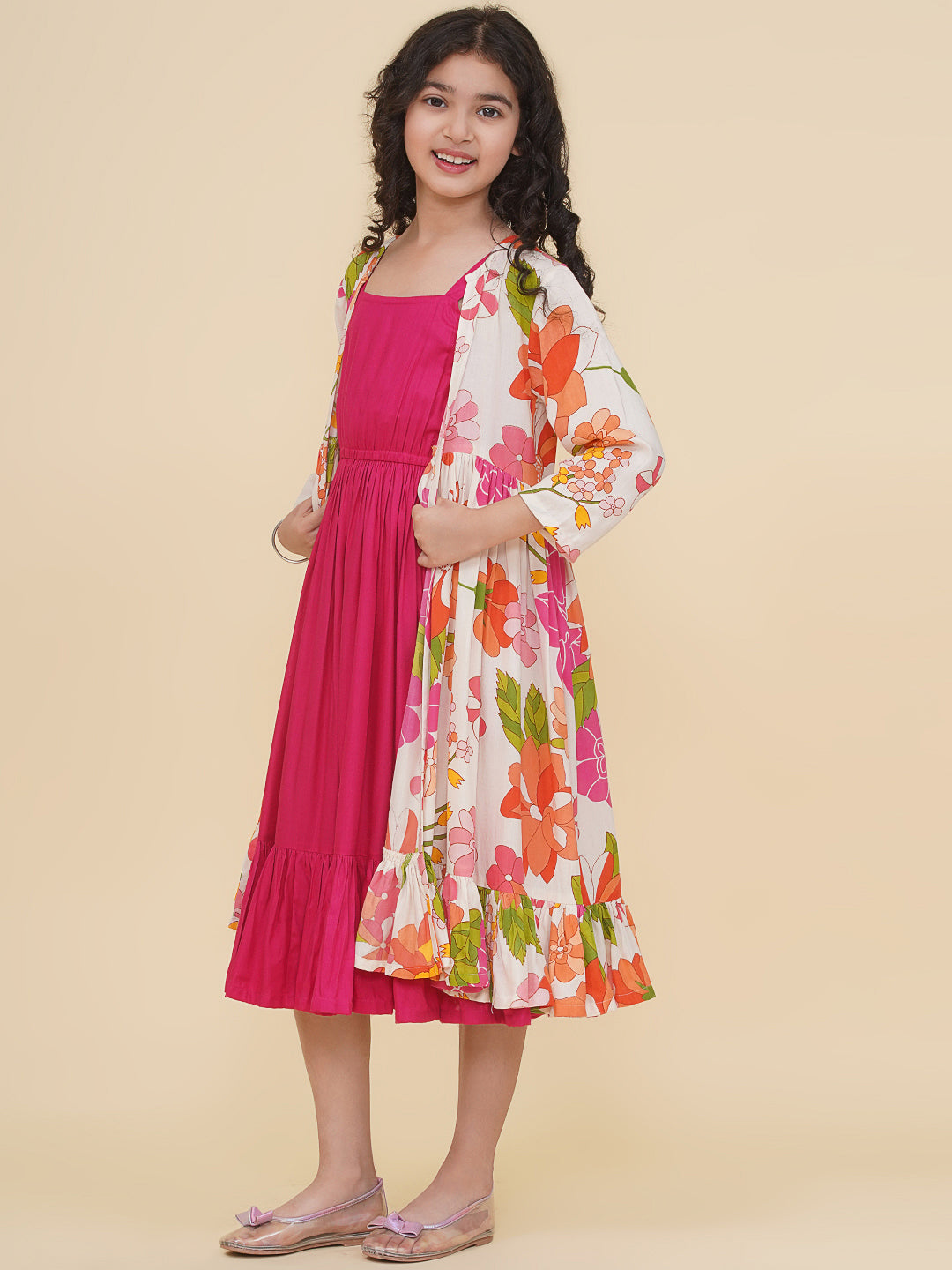 Bitiya by Bhama Girls Pink & Multi Digital Print Maxi Jacket Dress.