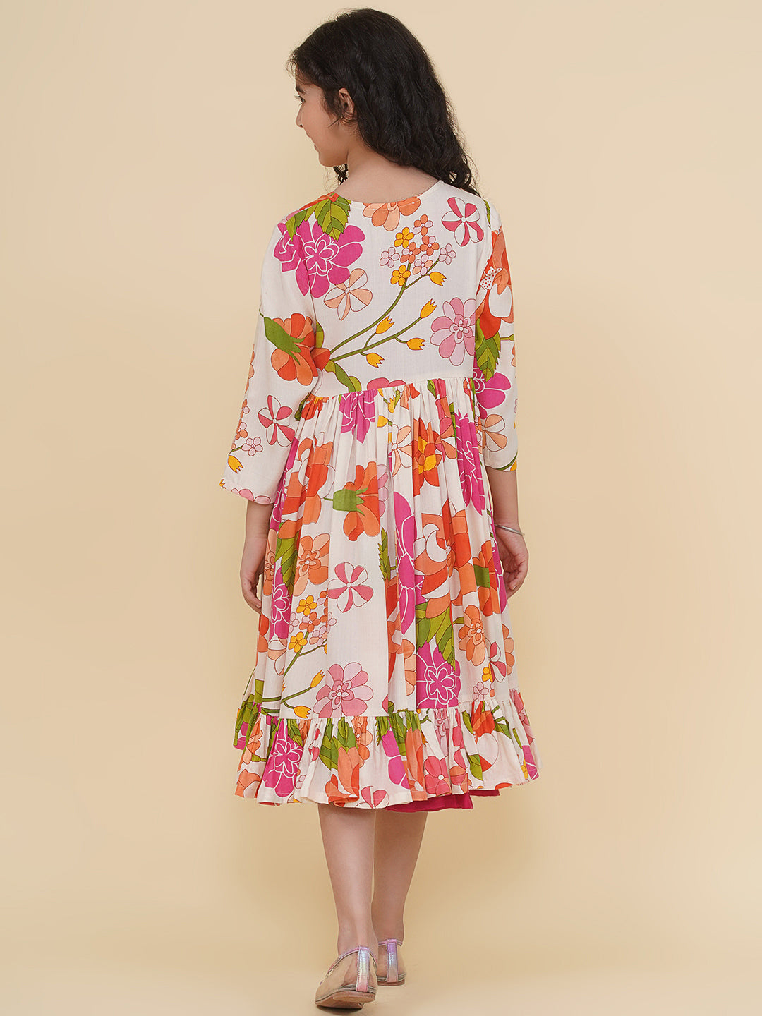 Bitiya by Bhama Girls Pink & Multi Digital Print Maxi Jacket Dress.