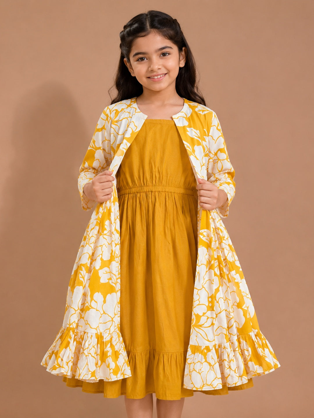 Bitiya By Bhama Yellow Floral Printed Midi Dress For Girls